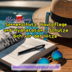 Am Pool liegt ein offenes Buch, eine Sonnenbrille, eine Sonnencreme und ein Strohhut. Text: Blogbeitrag Sonnenschutz, Hautpflege und Hydratation – schütze dich vor der Hitze und Blogadresse