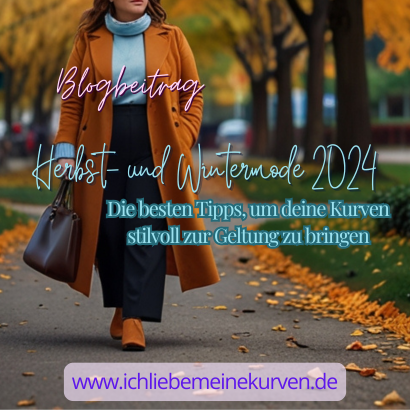 Eine Frau mit langem orange farbenen Mantel geht in einem Herbstpark spazieren. Tex: Blogbeitrag Herbst- und Wintermode 2024. Die besten Tipps, um deine Kurven stilvoll zur Geltung zu bringen. und Blogadresse