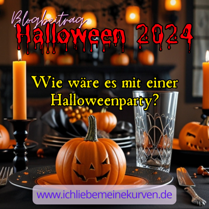 Halloween-Dekoration mit Kürbissen, Kerzen und Gläsern auf einem Tisch. Text: Blogbeitrag Halloween 2024. Wie wäre es mit einer Halloweenparty? und Blogadresse.