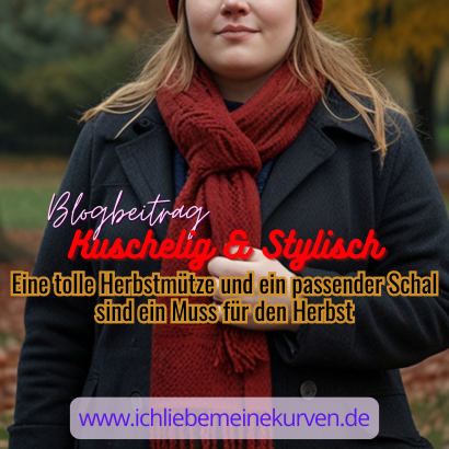 Eine Frau mit langer blonder Frisur trägt eine rote Strickmütze und einen passenden Schal. Text: Blogbeitrag Kuschelig & Stylisch Eine tolle Herbstmütze und ein passender Schal sind ein Muss für den Herbst und Blogadresse.