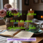 Ein Tisch mit Kaffee, einem geöffneten Notizbuch, Blumen und einer Kerze. Text: Blogbeitrag Vorsätze – starten wir in ein neues, erfolgreiches Jahr und Blogadresse.