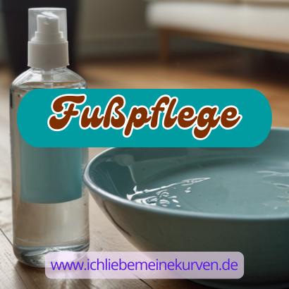 Eine Schüssel mit Wasser und eine Sprühflasche stehen auf einem Holzboden. Im Bild steht der Text: Fußpflege und Blogadresse.