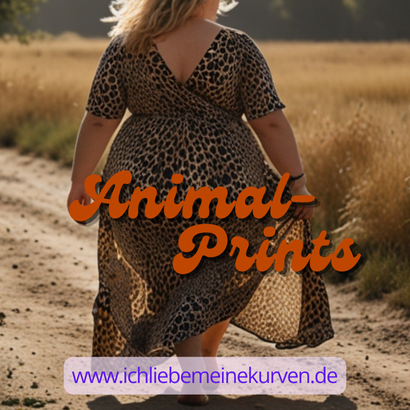Eine kräftige Frau in einem Kleid mit Schlangenmuster geht spazieren. Text: Animal-Prints und Blogadresse.