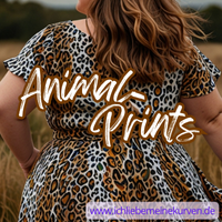 Eine Frau mit einem Kleid im Tiegerfellprint geht spazieren. Aufschrift: Animal-Prints + Webadresse