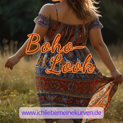 Eine Frau in einem Boho-Kleid geht auf einem Feld spazieren, Text: Boho-Look und Blogadresse.