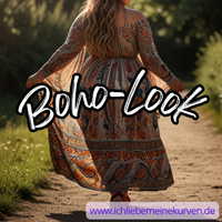 Eine Frau in einem bunten Kleid im Boho-Look tanzt in der Natur. Aufschrift: Boho-Look + Webadresse